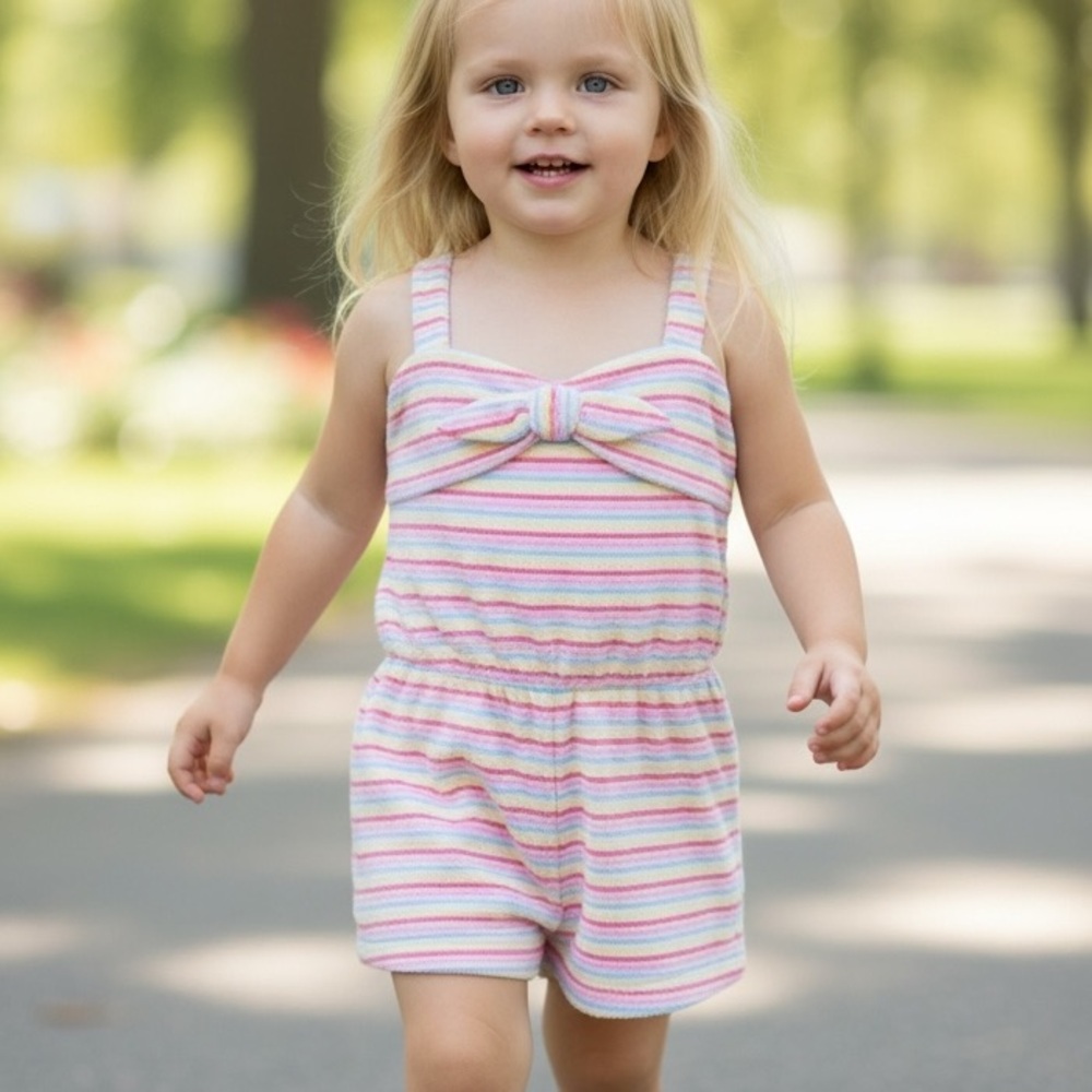 Janie and Jack Guava Bold Stripe Terry Cloth Bow Romper Girls 3T